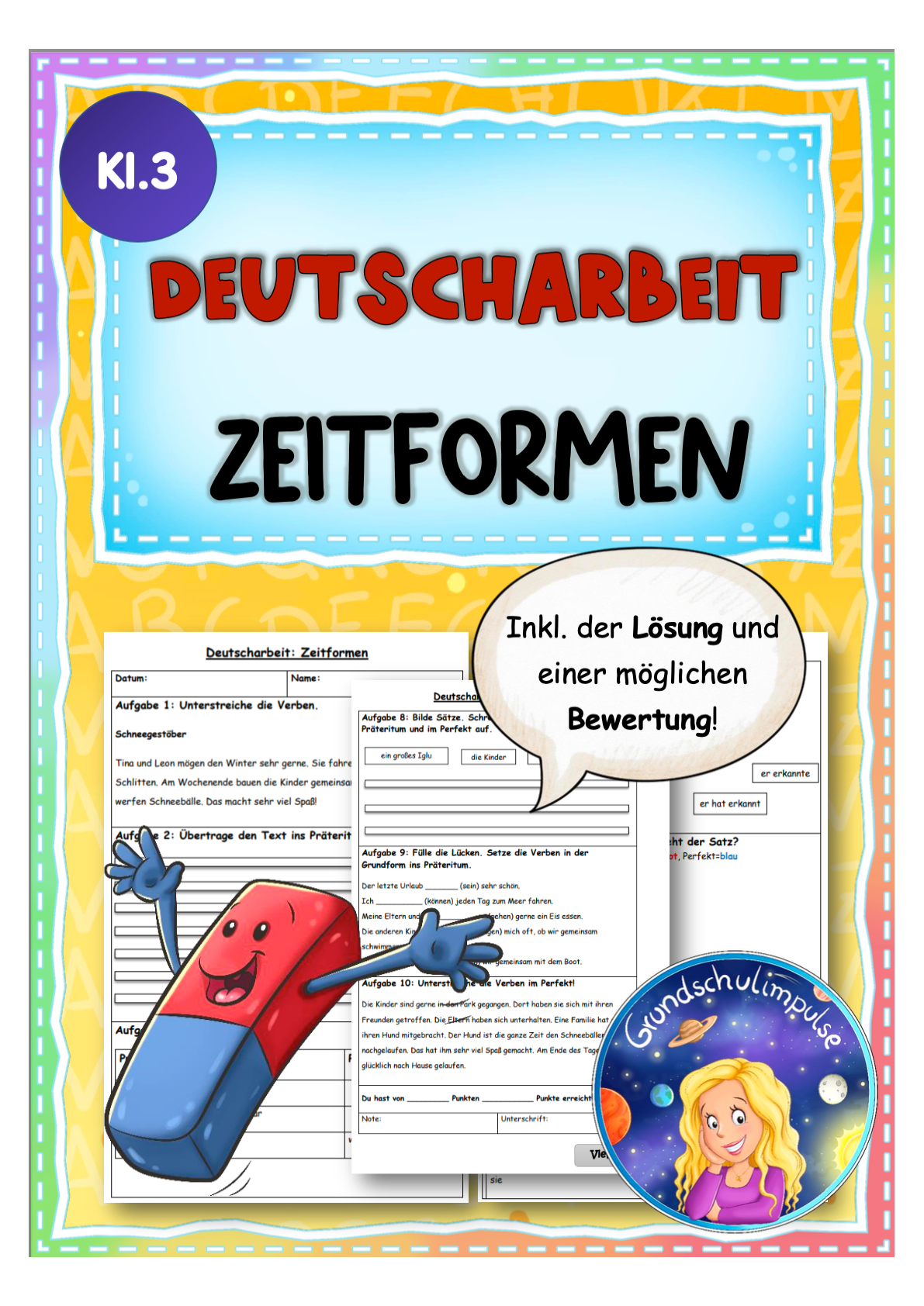 Klassenarbeit Zeitformen inkl. Lösung und Bewertung (Klasse 3)