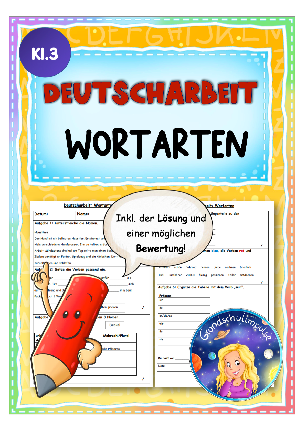 Klassenarbeit "Wortarten" inkl. Lösung und Bewertung (Klasse 3)